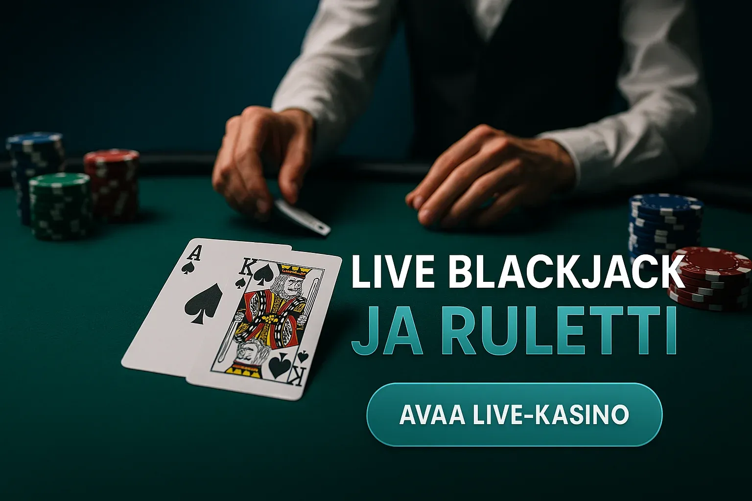 Fotorealistinen live blackjack -pöytä, ässä ja kuningas, pelimerkit ja CTA