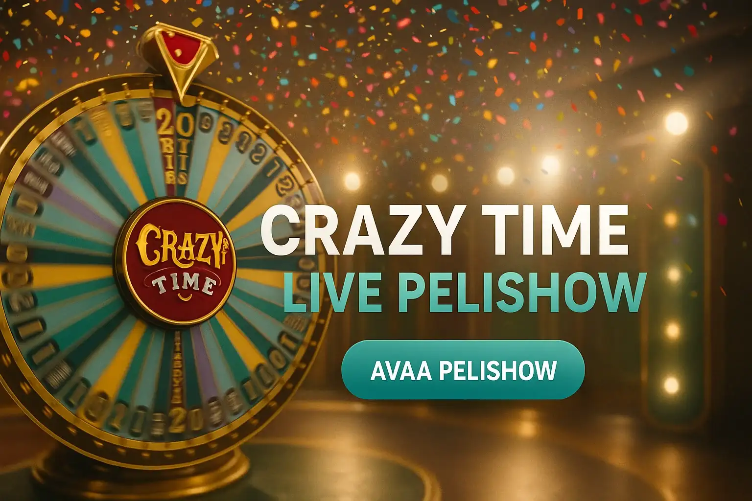 Fotorealistinen live-kasinobanneri, Crazy Time -bonuspyörä ja konfettisade