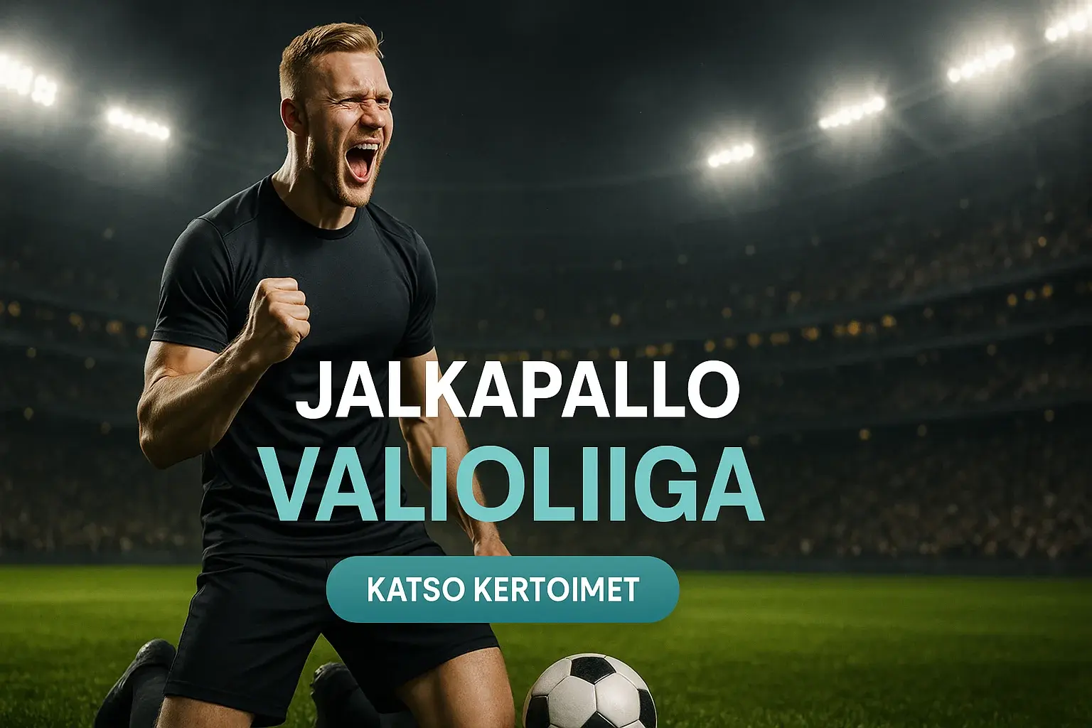 Suomalainen jalkapalloilija stadionilla, vedonlyönti kasino banneri ja kertoimet CTA